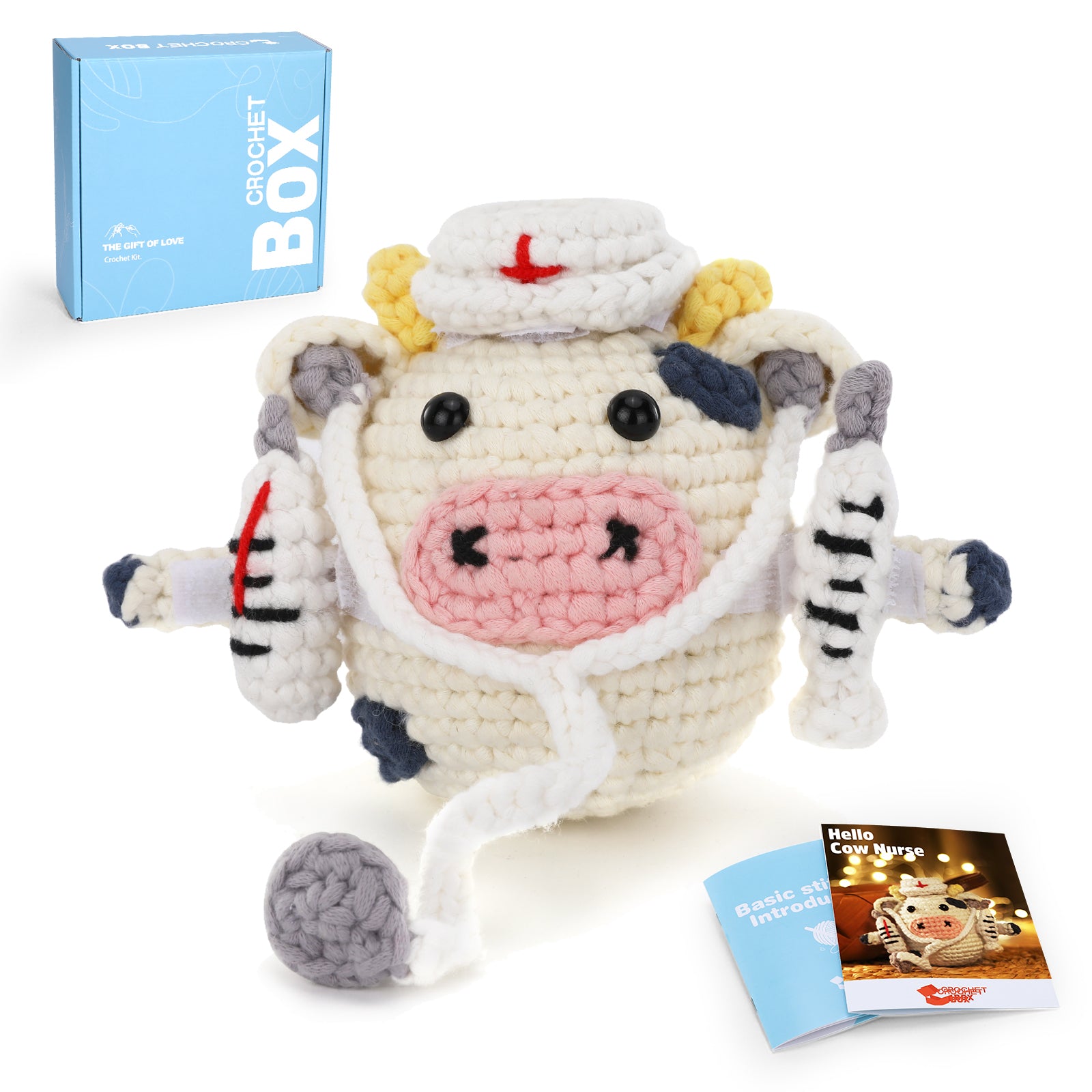 Crochet Kit for Beginners Adults - Cow Starters Crocheting Animal Kits for Kids, Nurse Day DIY Craft Gift with Crochet Yarns, Hook, Step-by-Step Video, Instruction and Crochet Accessories
