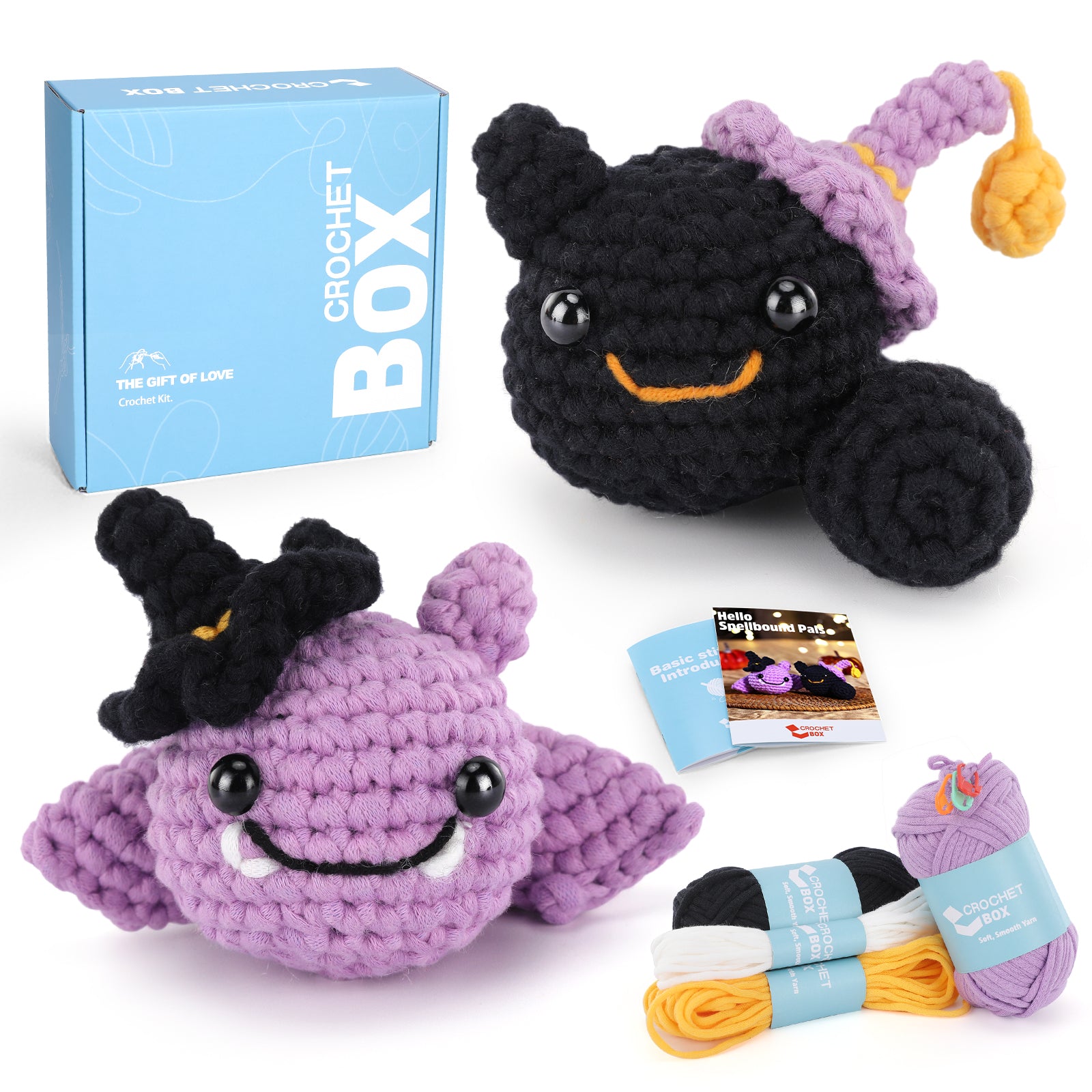 CROCHET BOX Complete Crochet Kit for Beginners —— 2 PCS Halloween Bat and Black Cat