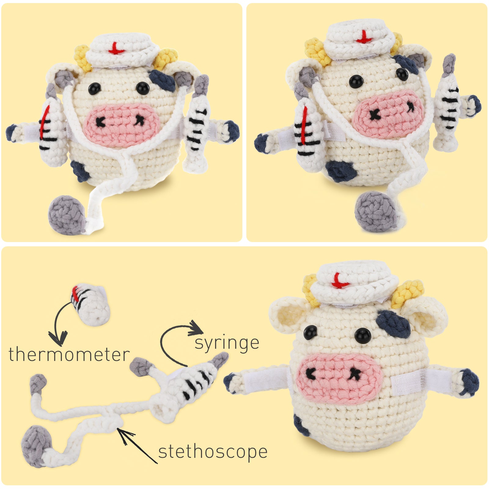 Crochet Kit for Beginners Adults - Cow Starters Crocheting Animal Kits for Kids, Nurse Day DIY Craft Gift with Crochet Yarns, Hook, Step-by-Step Video, Instruction and Crochet Accessories