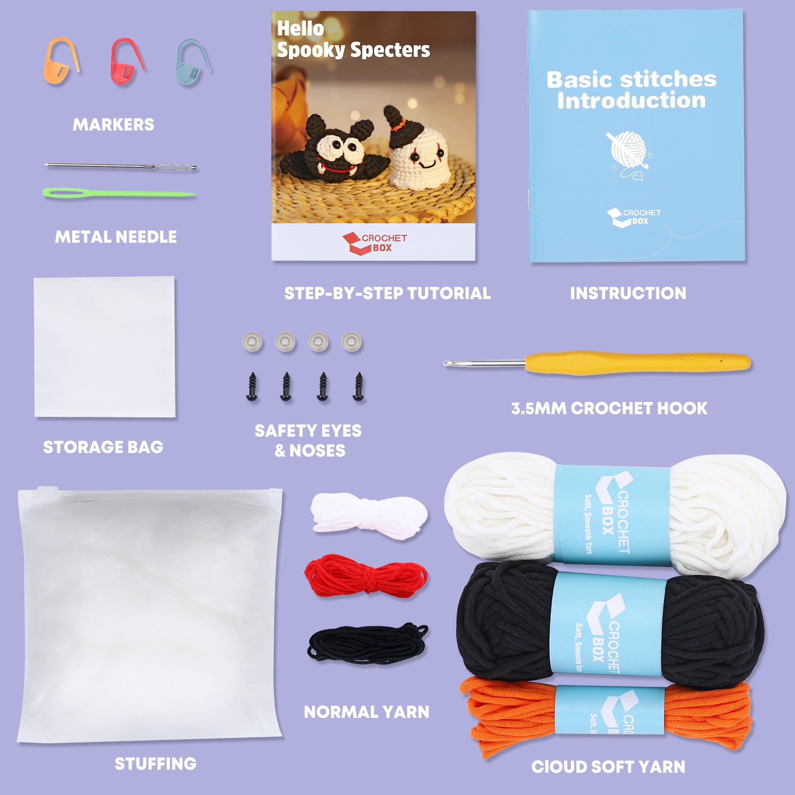 Complete Crochet Kit for Beginners: Starter Crochet Kit, All Need in, Includes Easy Crocheting Soft Yarn, Step-by-Step Video Tutorial, Ghost & Bat Design, Birthday, Holiday Gift for Adults, Teens