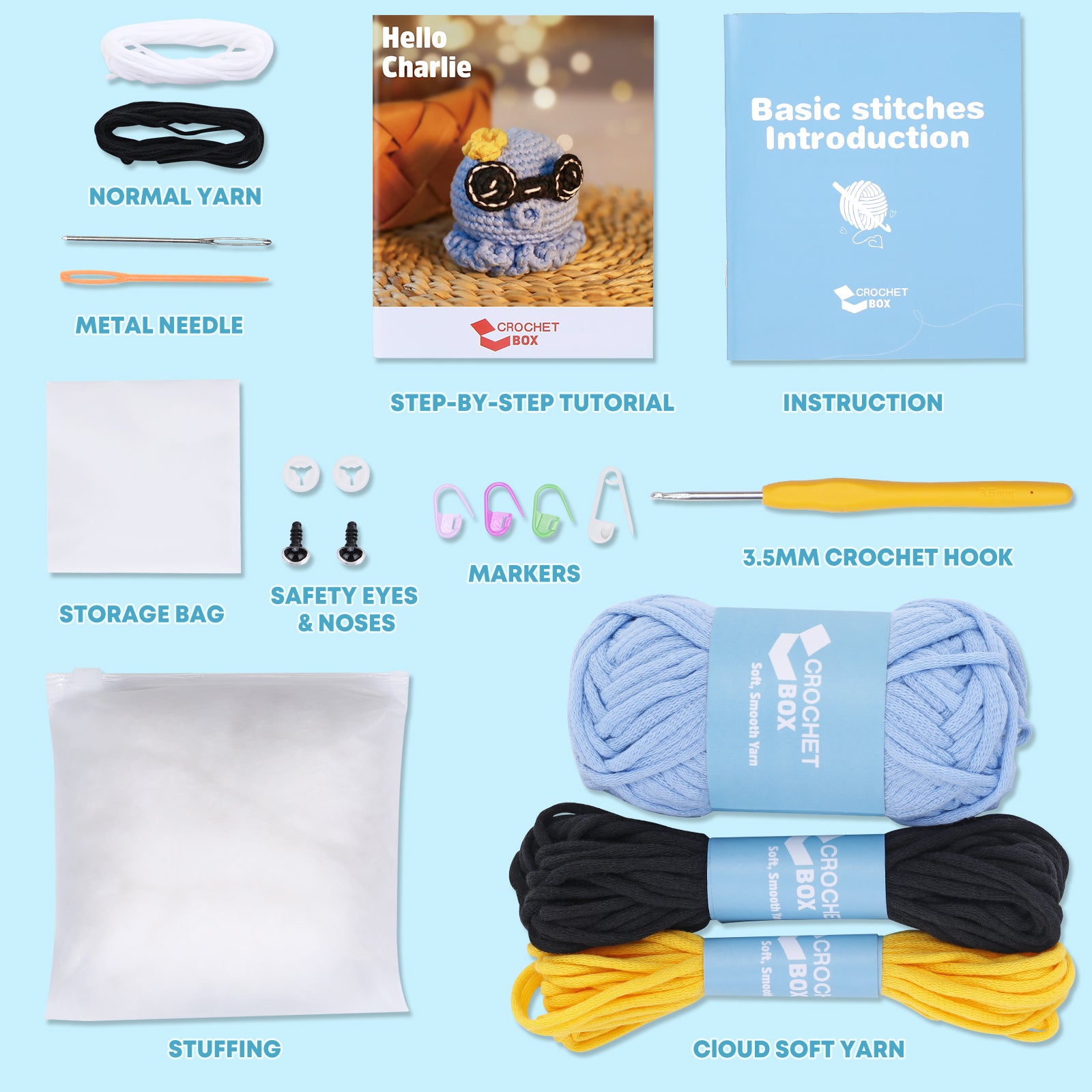 CrochetBox Complete Crochet Kit for Beginners - All You Need in, Step-by-Step Video Tutorial, Instruction, Easy Using Soft Yarn, Cool Octopus Animal Design, Birthday, Holiday Gift for Adults, Teens