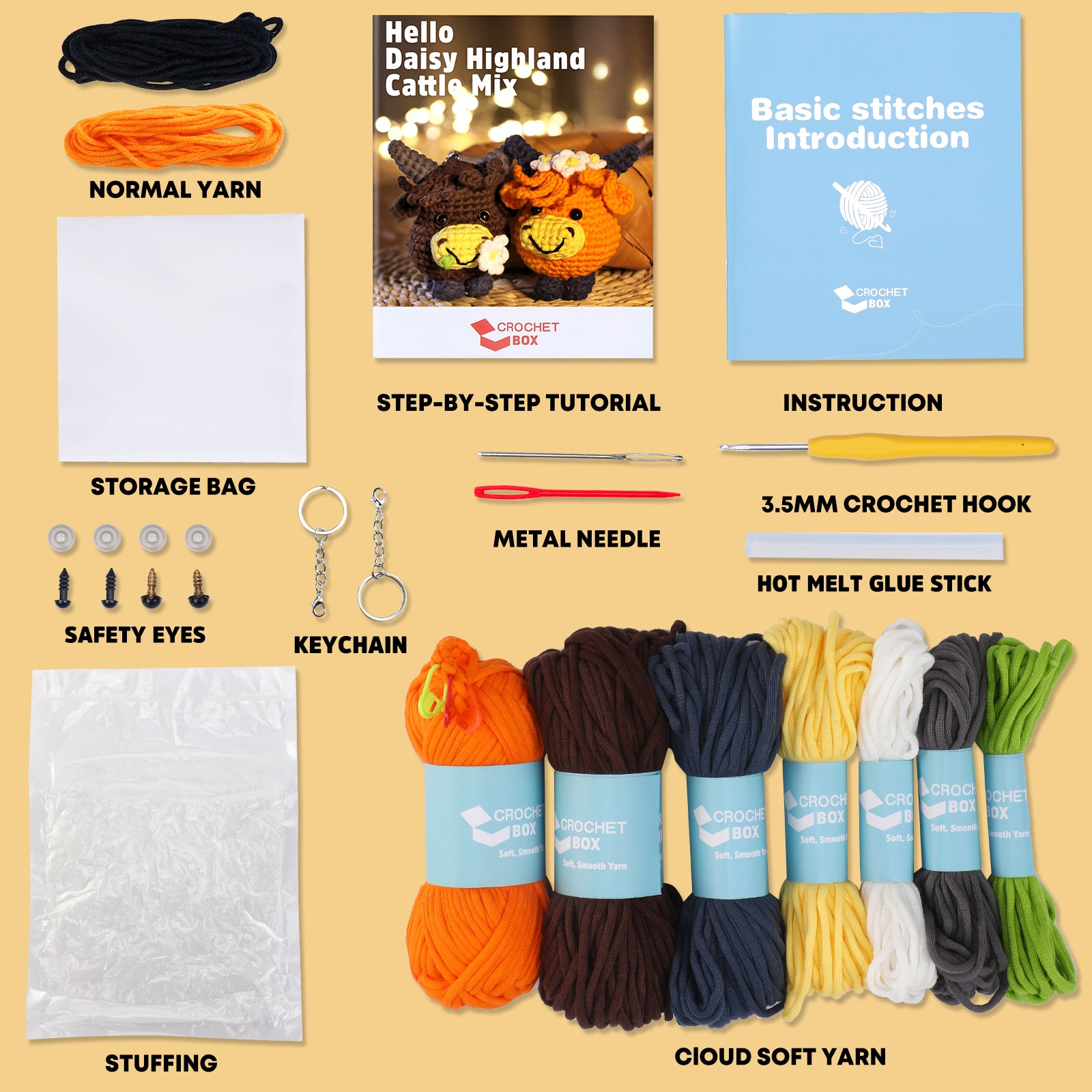 CROCHET BOX Complete Crochet Kit for Beginners —— Daisy Highland Cattle Mix