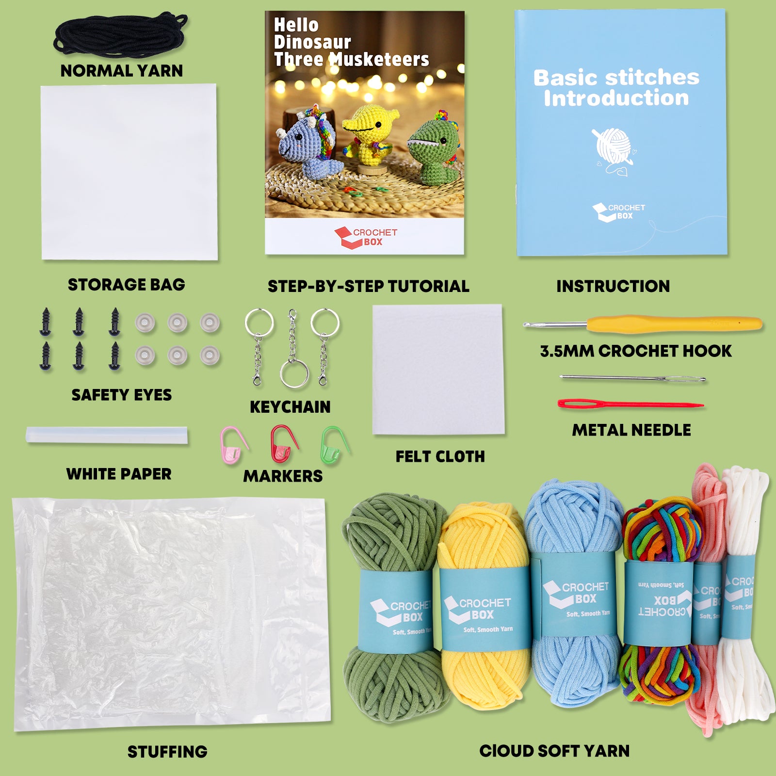 Complete Crochet Kit for Beginners —— Dinosaur Three Musketeers