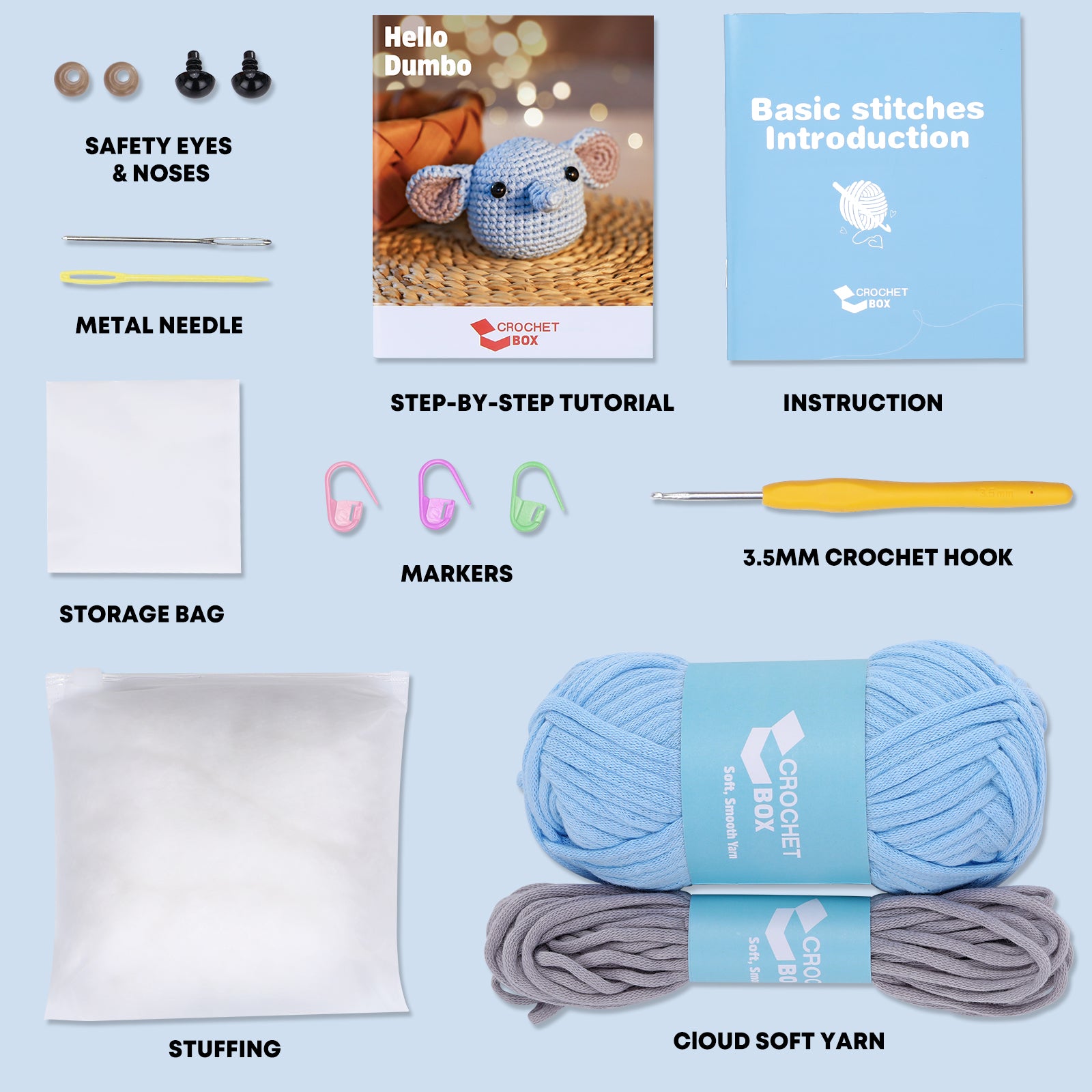 CrochetBox Crochet Kit for Beginners: Elephant Crochet Kit for Adults, Teens, Include Easy to Use Yarn, Step-by-Step Video, Patterns, Starter Friendly, Birthday, Thanksgiving, Christmas Gift.