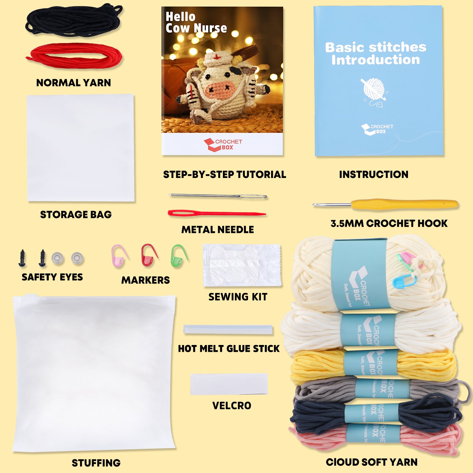 Crochet Kit for Beginners Adults - Cow Starters Crocheting Animal Kits for Kids, Nurse Day DIY Craft Gift with Crochet Yarns, Hook, Step-by-Step Video, Instruction and Crochet Accessories