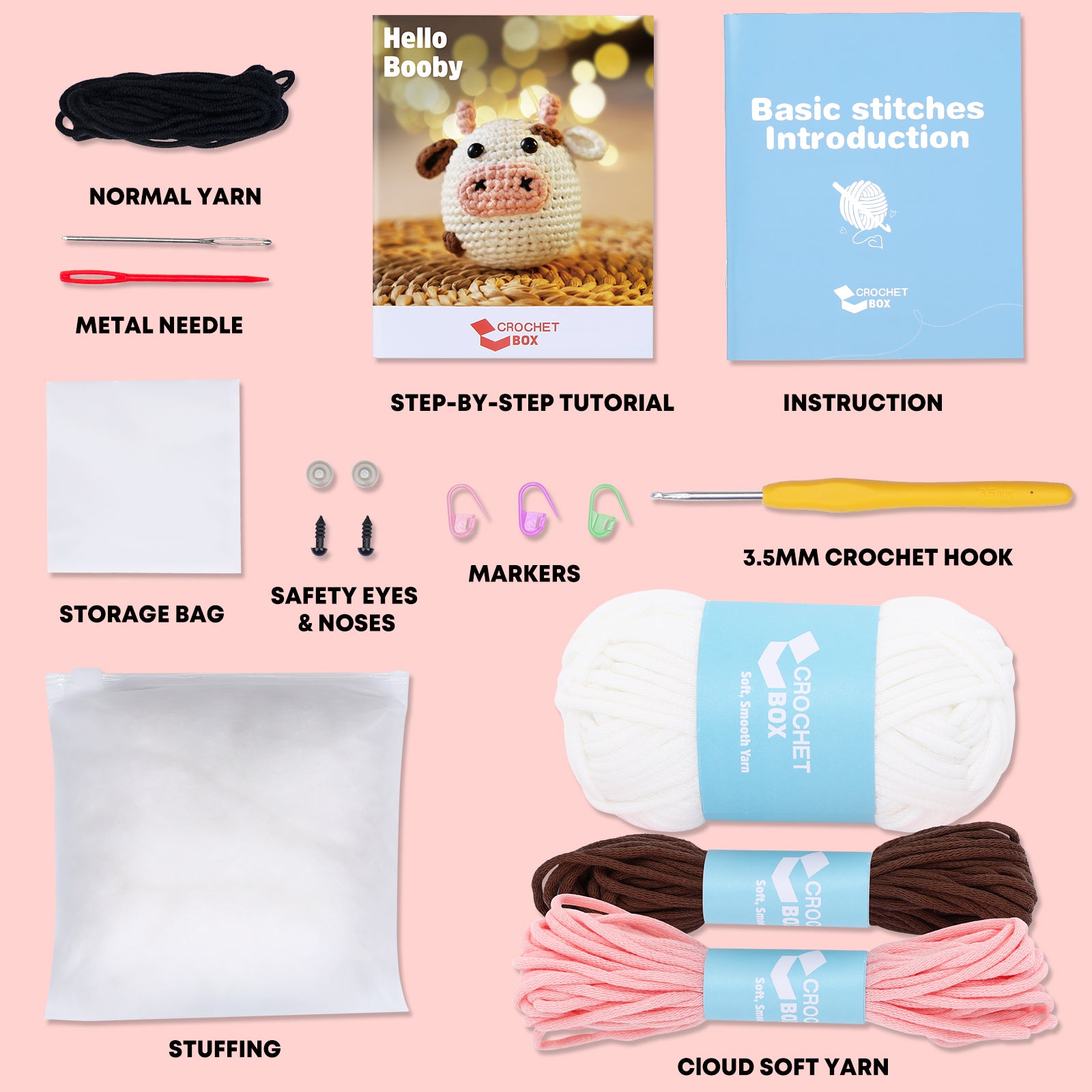 CrochetBox Crochet Kit for Beginners - Cow Crochet Kit, All You Need in, Include Step-by-Step Video Tutorial, Holiday, Birthday, Gift for Adults