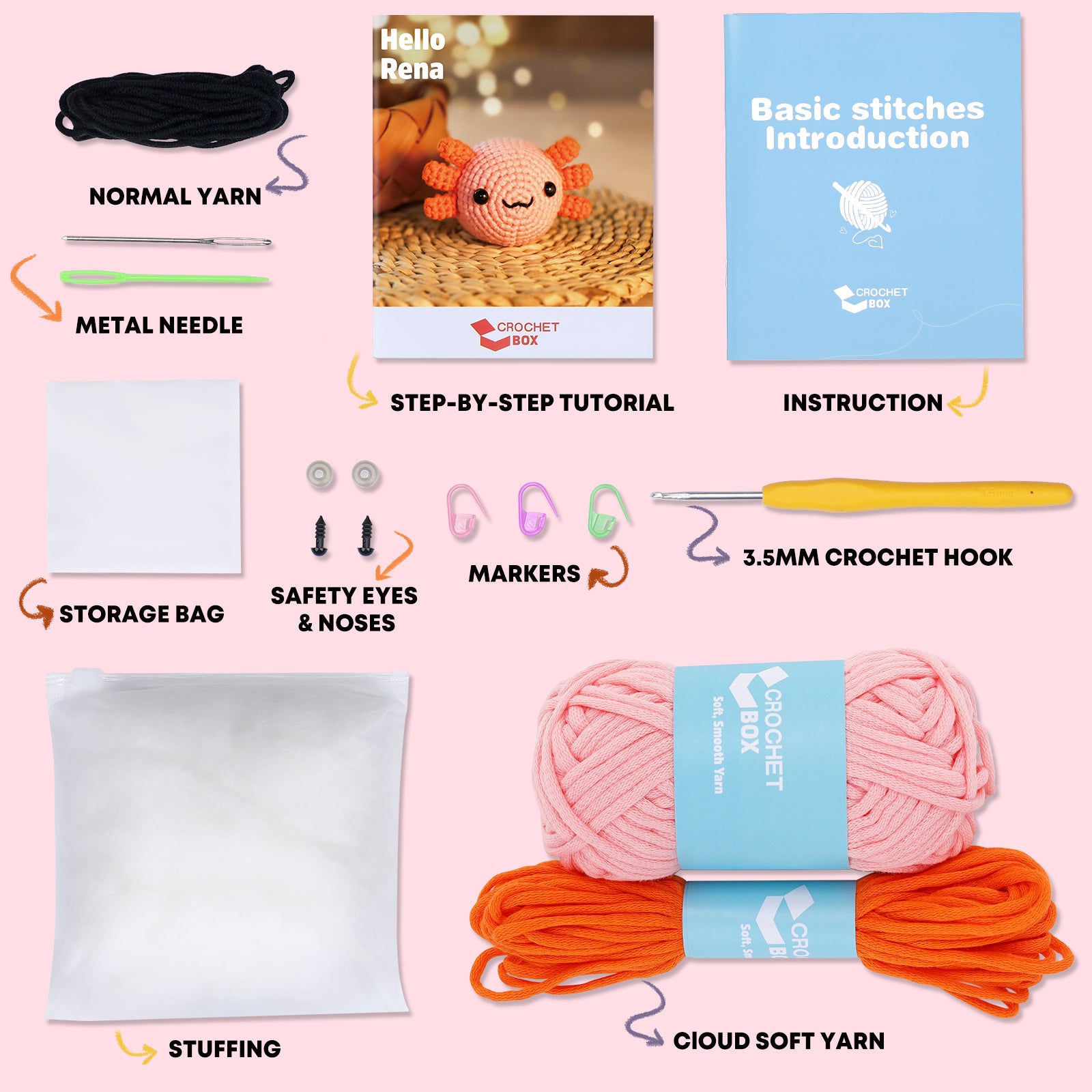 CROCHET BOX Complete Crochet Kit for Beginners - Axolotl lying