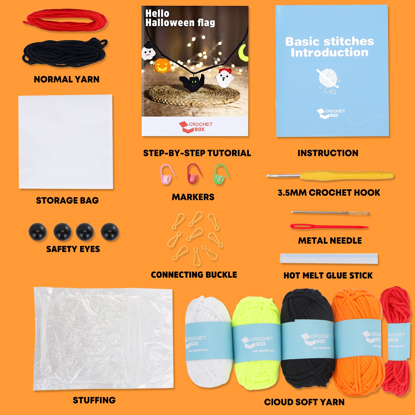 CrochetBox Complete Crochet Kit for Beginners - Halloween Light Flag