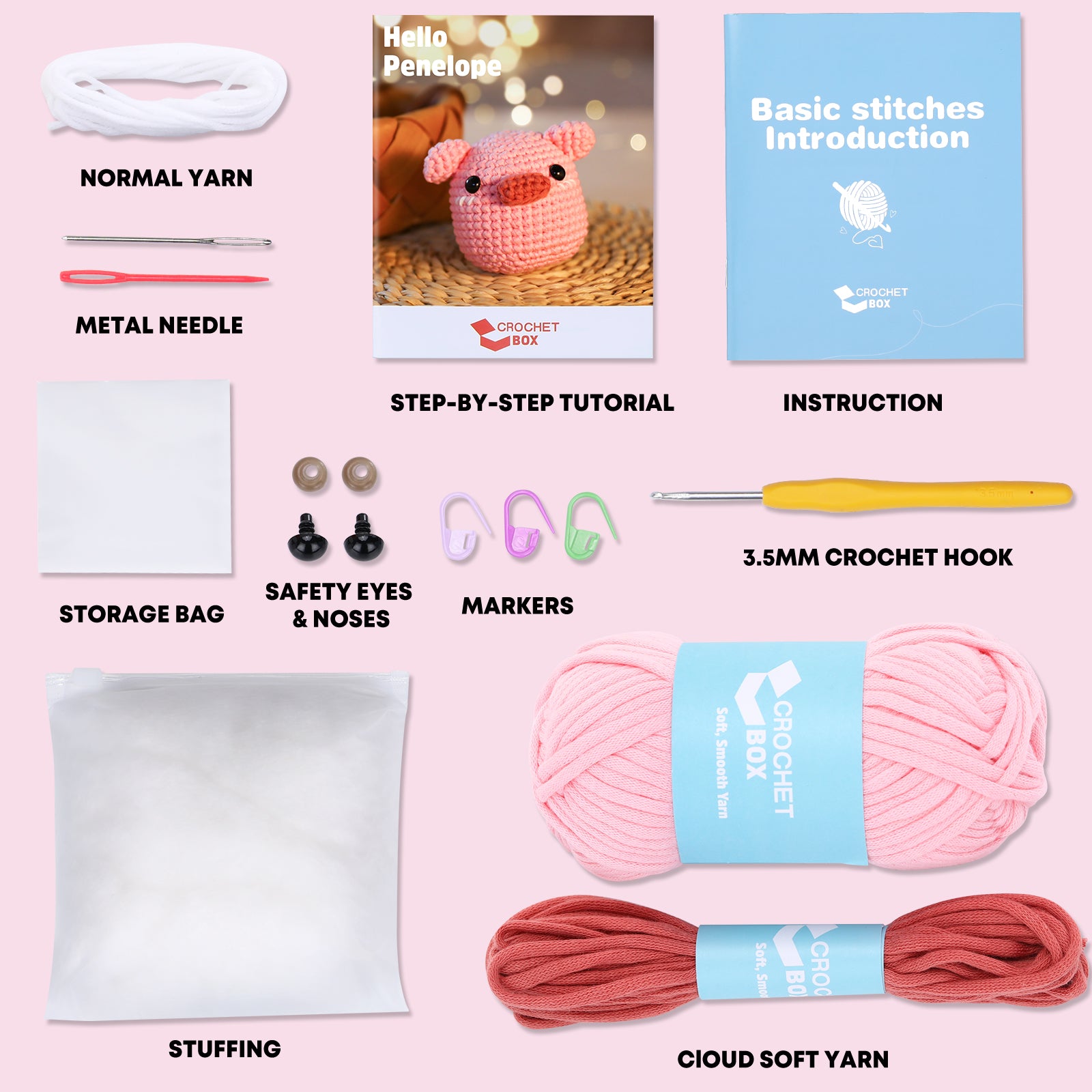 CrochetBox Crochet Kit for Beginners: Pink Pig Crochet Kit, All You Need In, Include Step-by-Step Video Tutorials, Cute Animal Style, Birthday, Holiday Gift for Adults, Teens, Relaxing Craft.