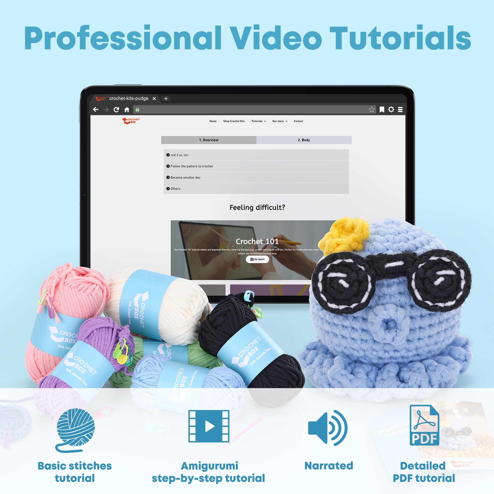 CrochetBox Complete Crochet Kit for Beginners - All You Need in, Step-by-Step Video Tutorial, Instruction, Easy Using Soft Yarn, Cool Octopus Animal Design, Birthday, Holiday Gift for Adults, Teens