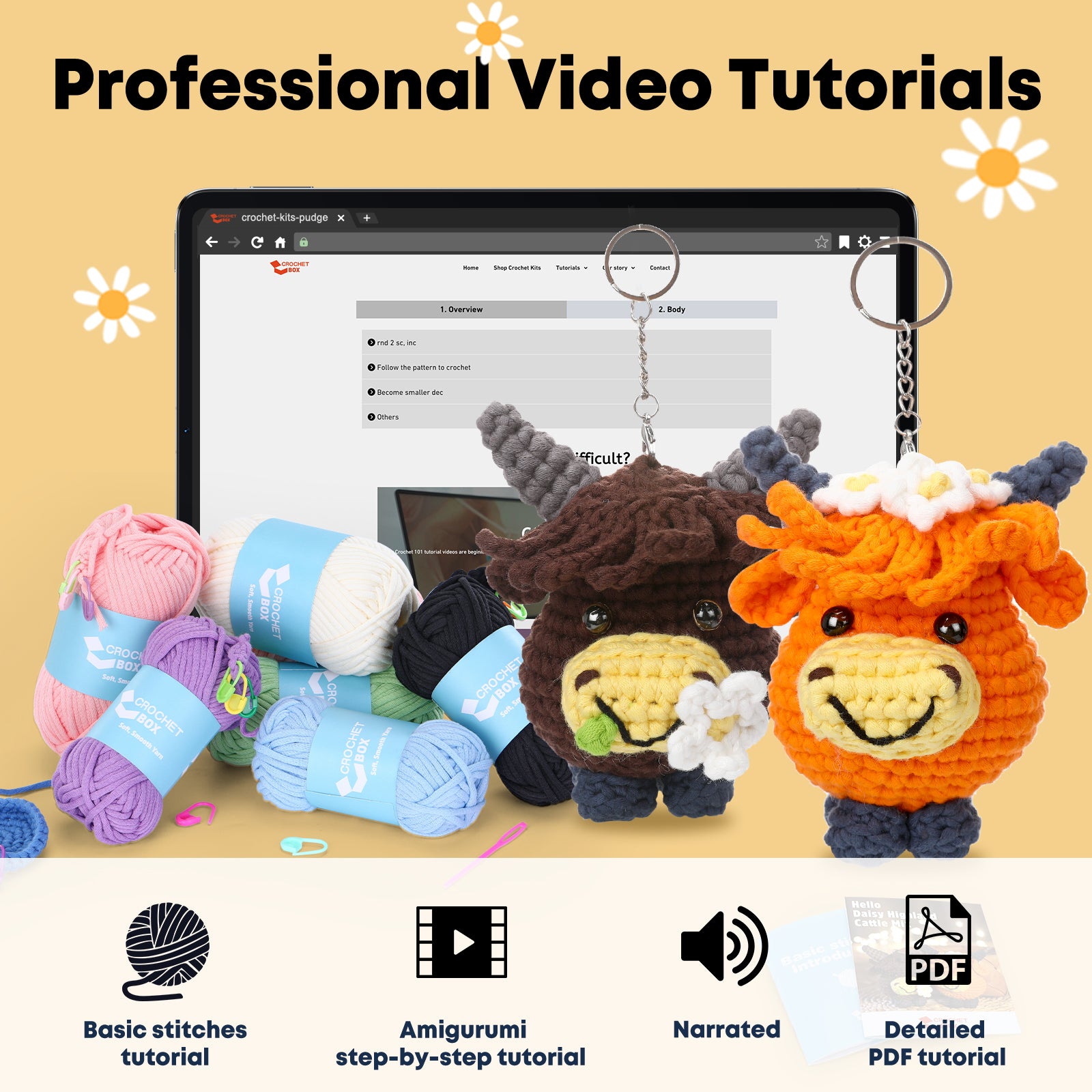CROCHET BOX Complete Crochet Kit for Beginners —— Daisy Highland Cattle Mix