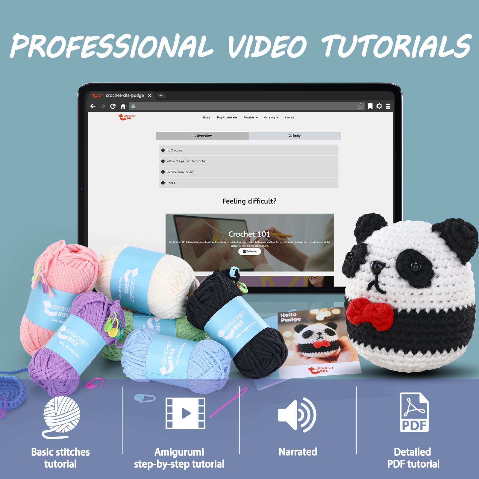 Complete Crochet Kit for Beginners: Panda Crochet Kit, Starter Crochet Kit, Easy Knitting Soft Yarn, Step-by-Step Video Tutorial, Gift for Adults, Teens