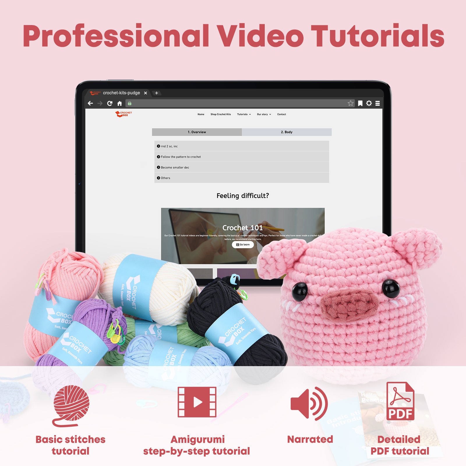 CrochetBox Crochet Kit for Beginners: Pink Pig Crochet Kit, All You Need In, Include Step-by-Step Video Tutorials, Cute Animal Style, Birthday, Holiday Gift for Adults, Teens, Relaxing Craft.