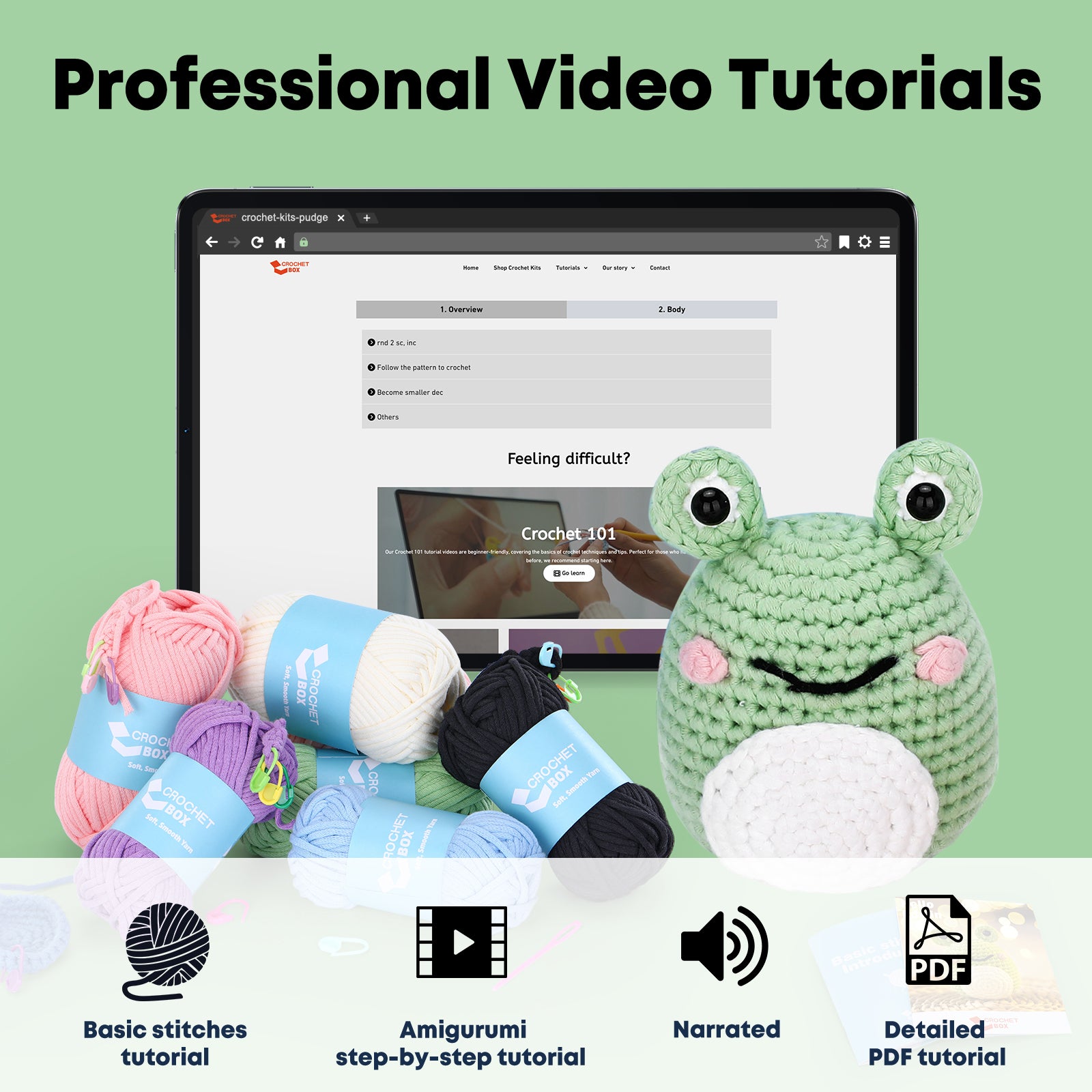 CrochetBox Crochet Kit for Beginners: Frog Crochet Kit for Adults, Teens, Starters, Include Easy to Use Yarn, Step-by-Step Video, Patterns, Cute Animal Design, Thanksgiving, Christmas, Birthday Gift