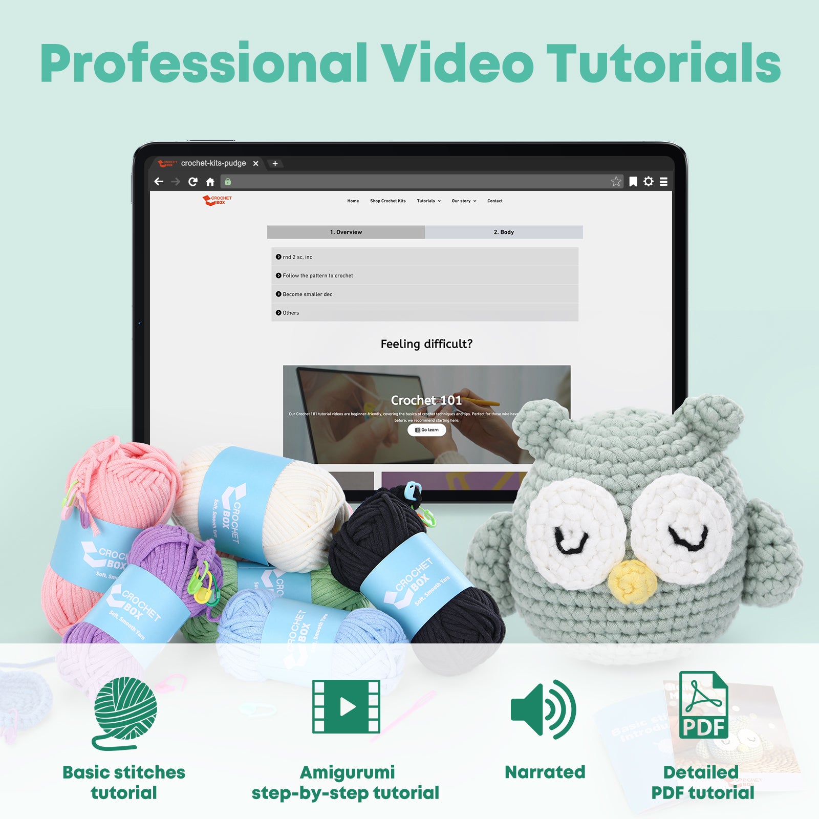 CrochetBox Complete Beginners Crochet Kit - All You Need for Easy Crocheting, Step-by-Step Video Tutorials, Sleeping Owl Crochet Kit, Animal Design, Birthday or Holiday Gift for Adults, Teens.