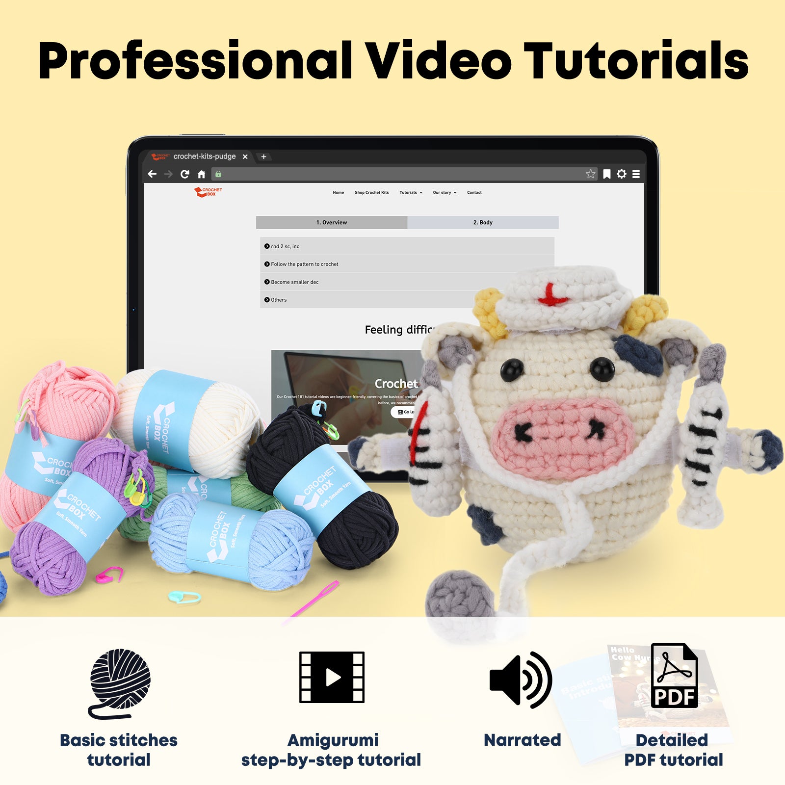 Crochet Kit for Beginners Adults - Cow Starters Crocheting Animal Kits for Kids, Nurse Day DIY Craft Gift with Crochet Yarns, Hook, Step-by-Step Video, Instruction and Crochet Accessories