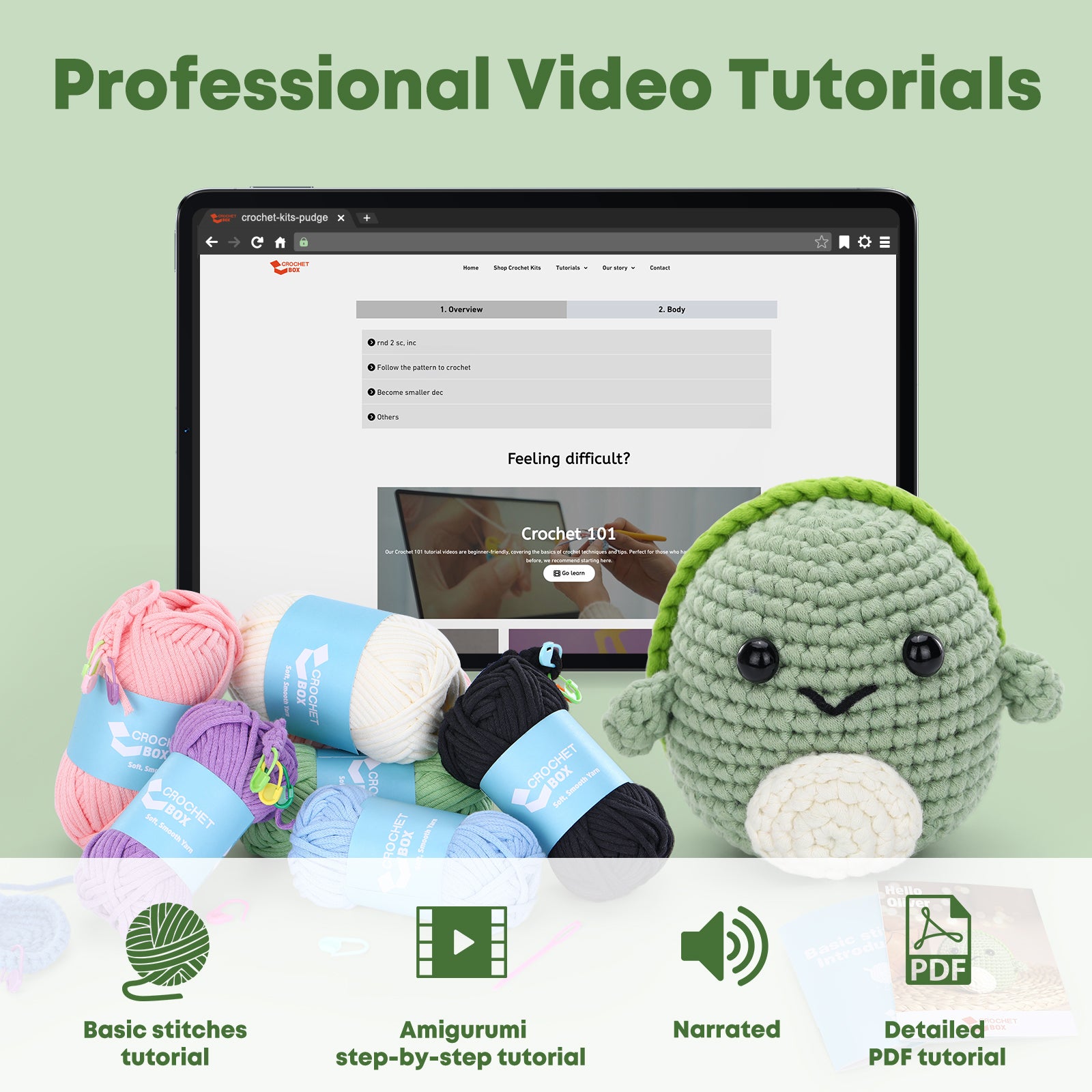 CrochetBox Complete Beginners Crochet Kit - All You Need In, Include Step-by-Step Video Tutorials, Easy Using Soft Yarn, Instruction, Turtle Crochet Kit, Animal Style, Birthday Gift for Adults, Teens.