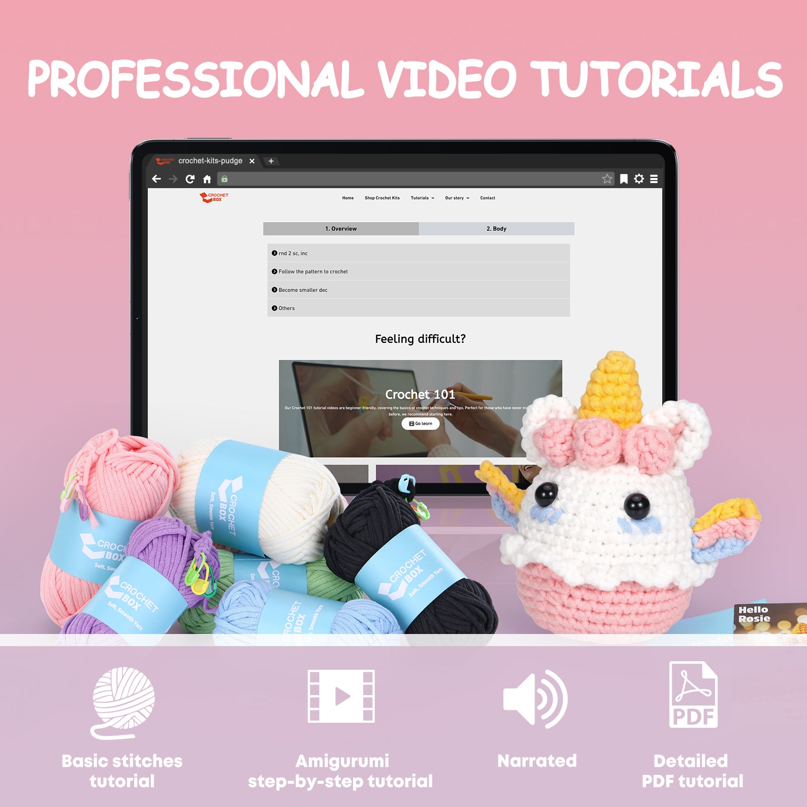 Crochet Kit for Beginners Adults, Crochet Starter Kit, Animal Amigurumi, Step-by-Step Video Tutorial, All You Need in, Cute Unicorn Design, Birthday, Holiday Thanksgiving Gift for Freinds, Teens
