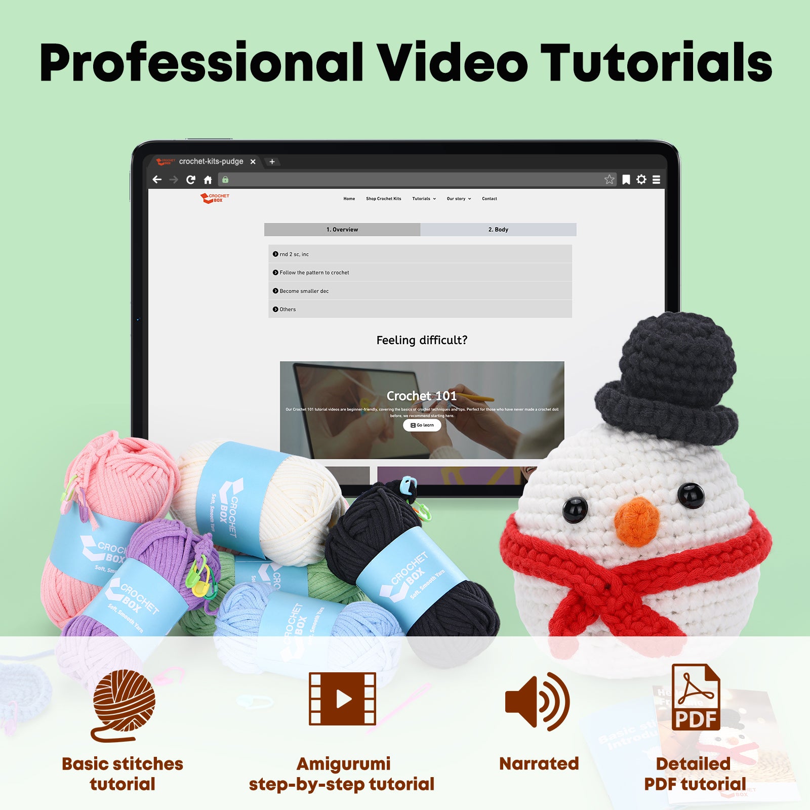 CrochetBox Crochet Kit for Beginners: Snowman Crochet Kit, All You Need In, Include Step-by-Step Video Tutorials, Top Hat, Red Scarf Snowman Style, Starter Friendly, Christmas Gift for Adults.