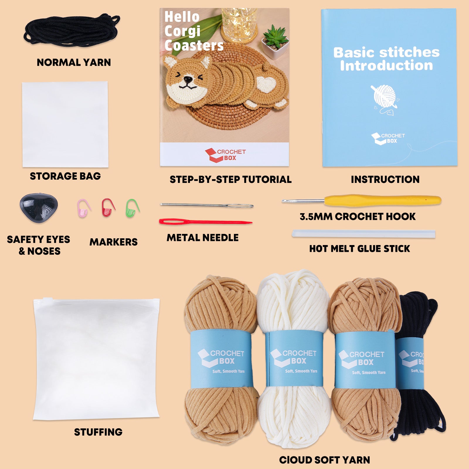 CROCHET BOX Complete Crochet Kit for Beginners ——Corgi Coasters