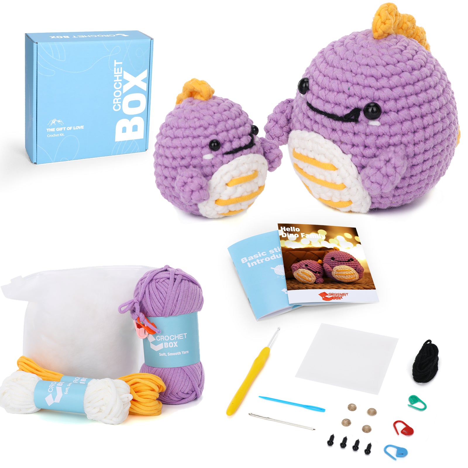 Crochet Kit for Beginners Adults - Dinosaur Starters Crocheting Animal Kits for Kids, Birthday DIY Craft Gift with Crochet Yarns, Hook, Step-by-Step Video, Instruction and Crochet Accessories, Light purple
