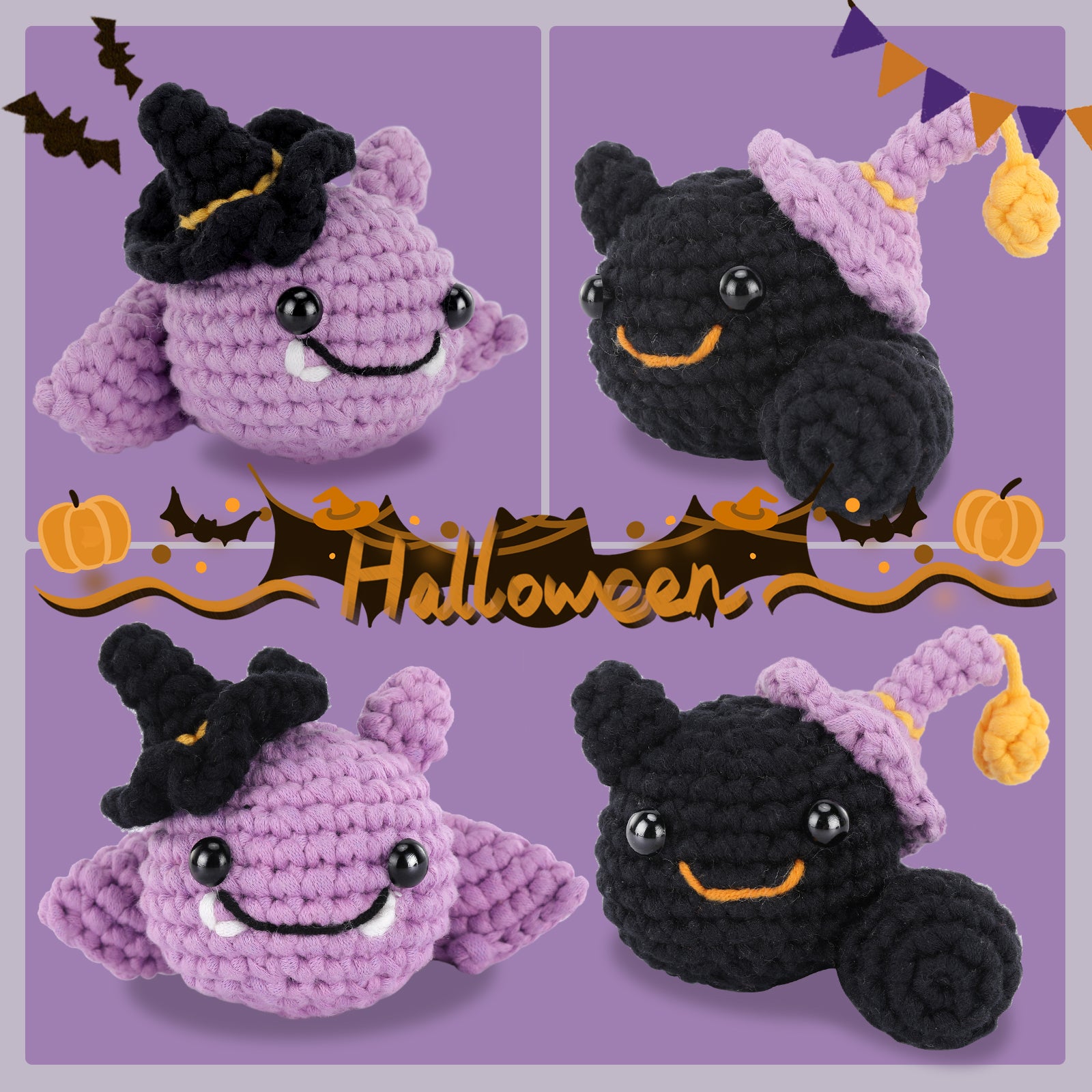 Complete Crochet Kit for Beginners —— 2 PCS Halloween Bat and Black Cat