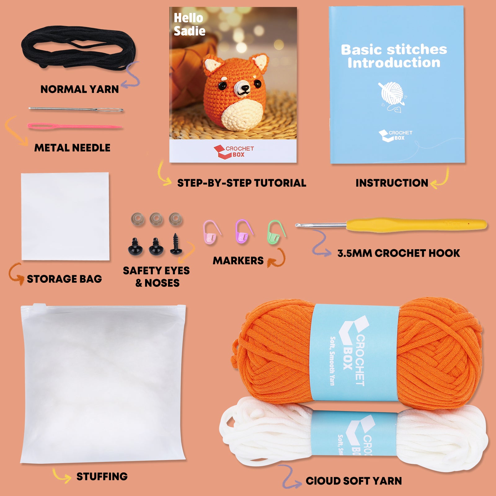 CrochetBox Crochet Kit for Beginners: Shiba Inu Crochet Kit, Include Easy Knitting Soft Yarn, Step-by-Step Video, Birthday Gift for Adults, Teens