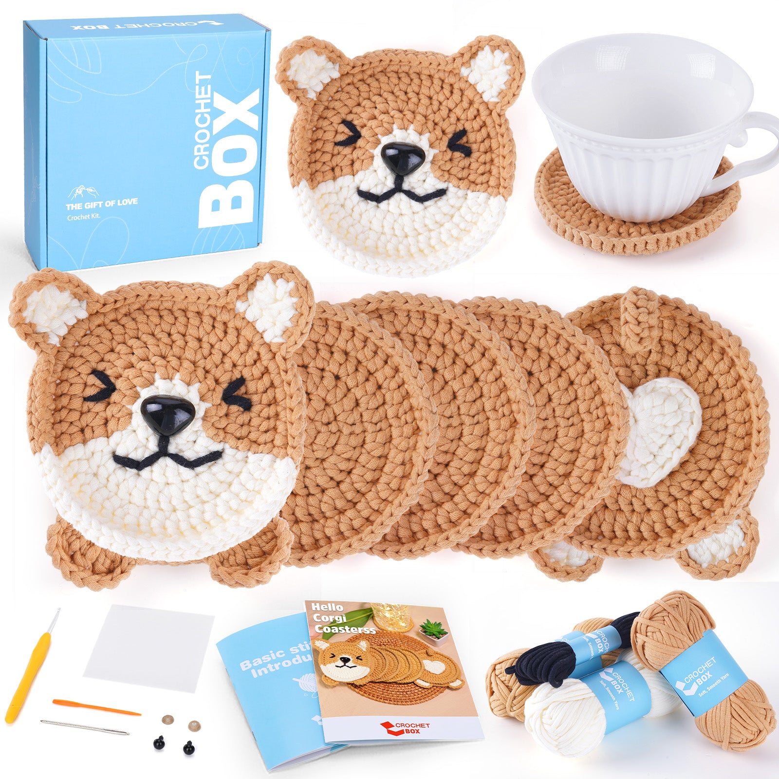CROCHET BOX Complete Crochet Kit for Beginners ——Corgi Coasters